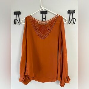 Haute Hippie, XS, terracotta 100% silk cold shoulder open sleeve batwing blouse